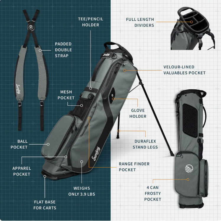 Sunday Golf El Camino Stand Bag 4 Full Length Dividers Double Strap 3.9 lbs