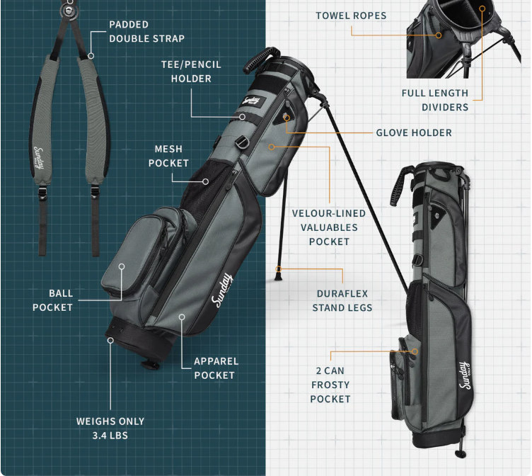 Sunday Golf Loma XL Stand Bag 3-Way Full Length Dividers 3.4lbs Double Strap